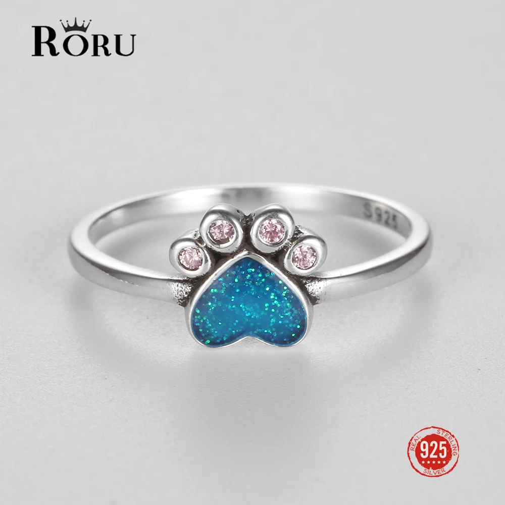 

RORU Real S925 Silver Animal Bear Cat Dog Paw Rainbow Fire Opal Rings for Women Silver Color Zircon Heart Claws Birthstone Ring