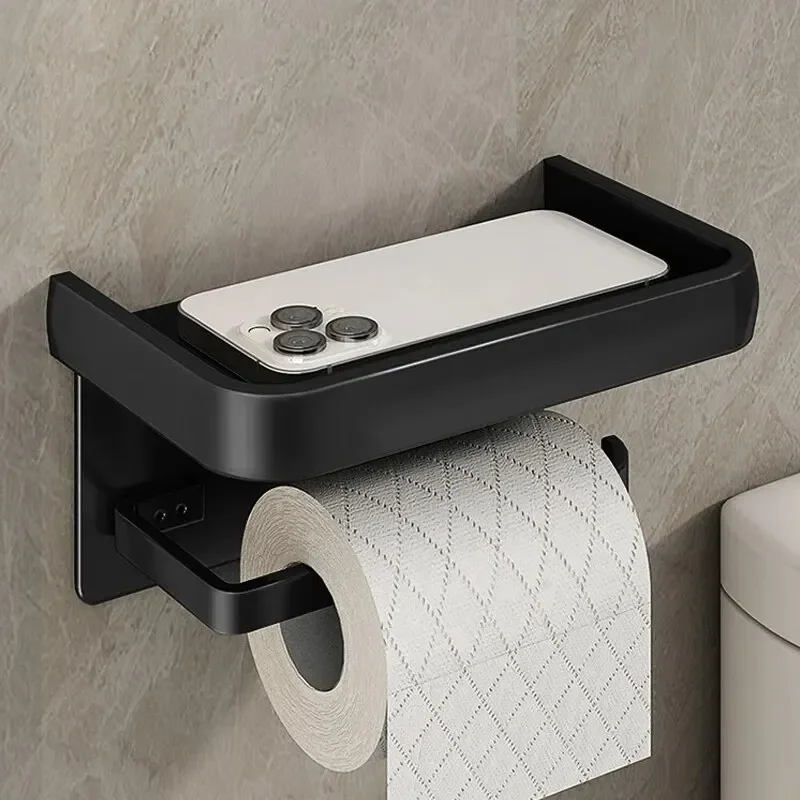 Aluminium Toilet Paper Holder Bathroom Double Tissue Holder Hole-free Shelf Bathroom Kitchen Accessories Black White Grey