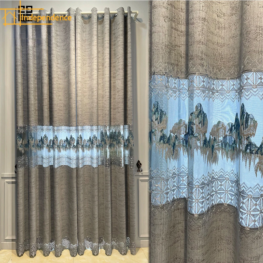 

Customized Chinese Landscape Embroidered Window Screens Gray Hollow Chenille Curtains for Living Room Bedroom Balcony and Study