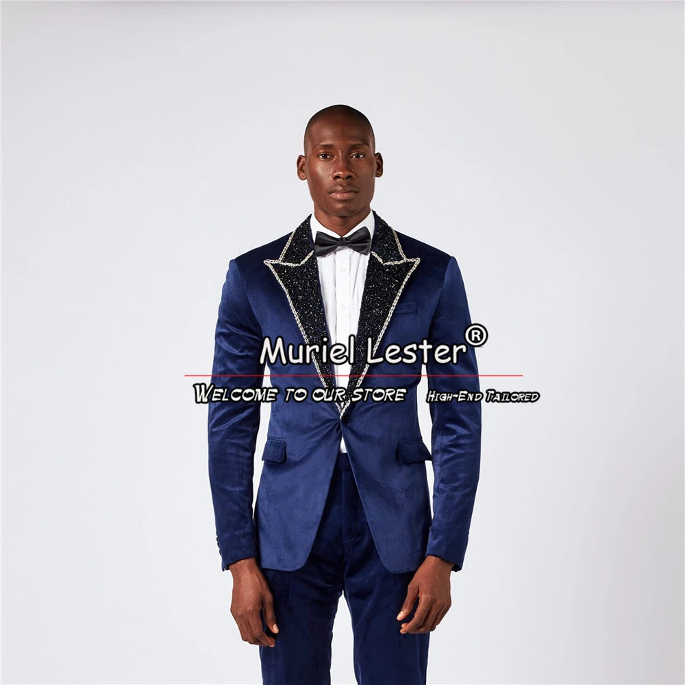 

Sparkly Men's Suits For Wedding Black Peaked Lapel Beading Blazer Pants 2 Pieces Groom Tuxedos Skinny Man Fashion Banquet Dresss