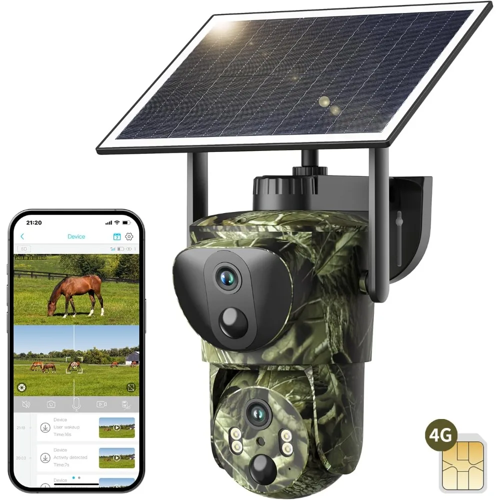 Trail Cameras Dual Lens Linkage Security Camera, 4G LTE Cellular Trail Cameras 2K 360&deg;Live Video Game