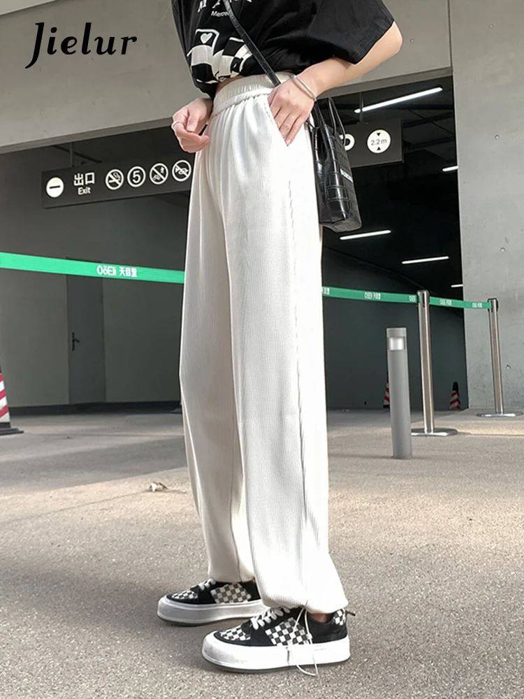 

Jielur 2022 Summer New Ice Silk Pants Female Thin Straight Wide-leg Pants Drawstring Loose Casual Green Purple Pants Women S-XL