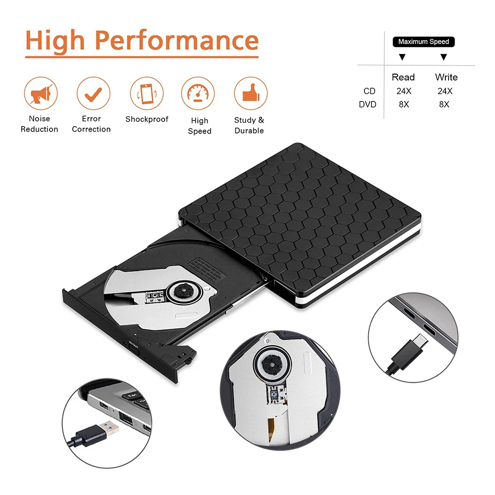 USB 3.0 C 타입 외장 DVD RW 버너 슬림 광학 디스크 드라이브, 고속 전송 DVD 리더, 노트북 PC 데스크탑용 플러그 앤 플레이