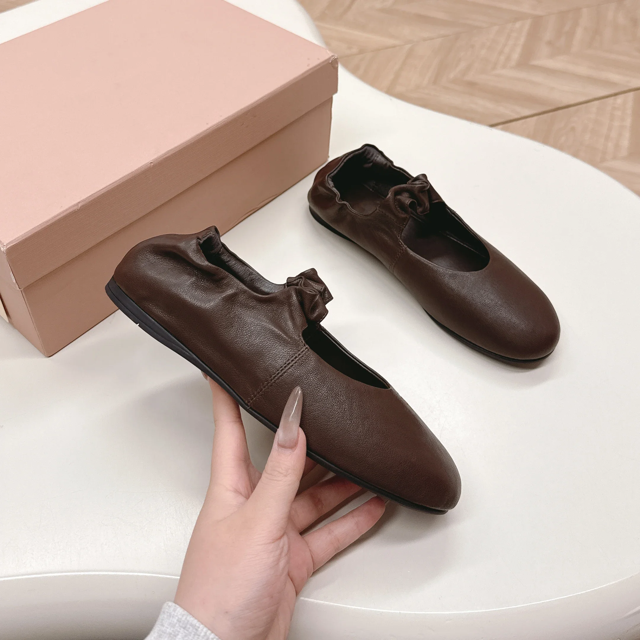 SHIYUNJIN Shoes Women Genuine Leather Ballet Flats Mary Janes Natural Cow Suede Round Toes Elastic Band Designer Shoes