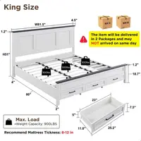 Farmhouse King Size Bed Frame with 52" Tall Full-Panel Headboard, No Squeak, No Box Spring Needed, Antique White 2