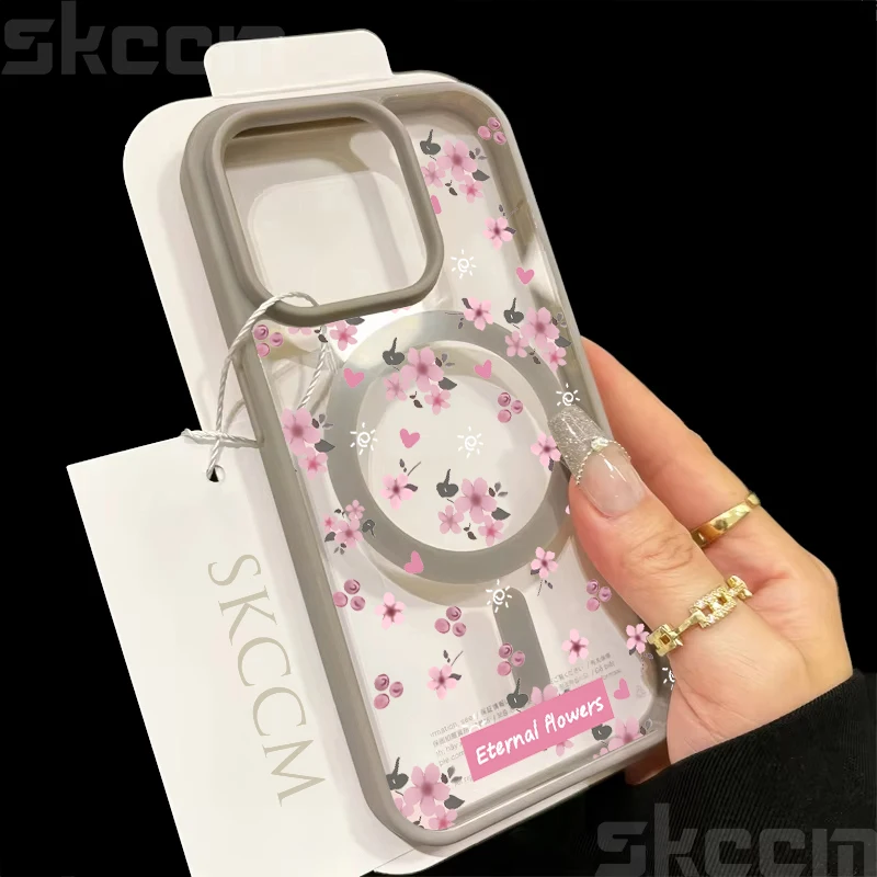 Pink Flower Transparent Shockproof Phone Case with Magnetic Wireless Charging Capability