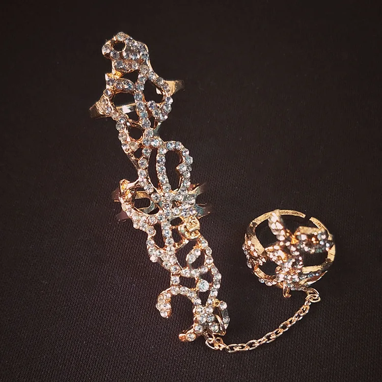 Chain Link Ring Full Rhinestone Vintage Flower Double Finger Rings For Women Girl Party Jewelry Gift Accessories