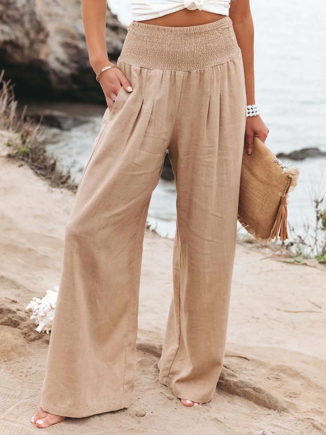 

Vintage Cotton Linen Pants Solid Color Simple Loose 2023 Elastic High Waist Long Trousers Oversized Wide Leg Pants