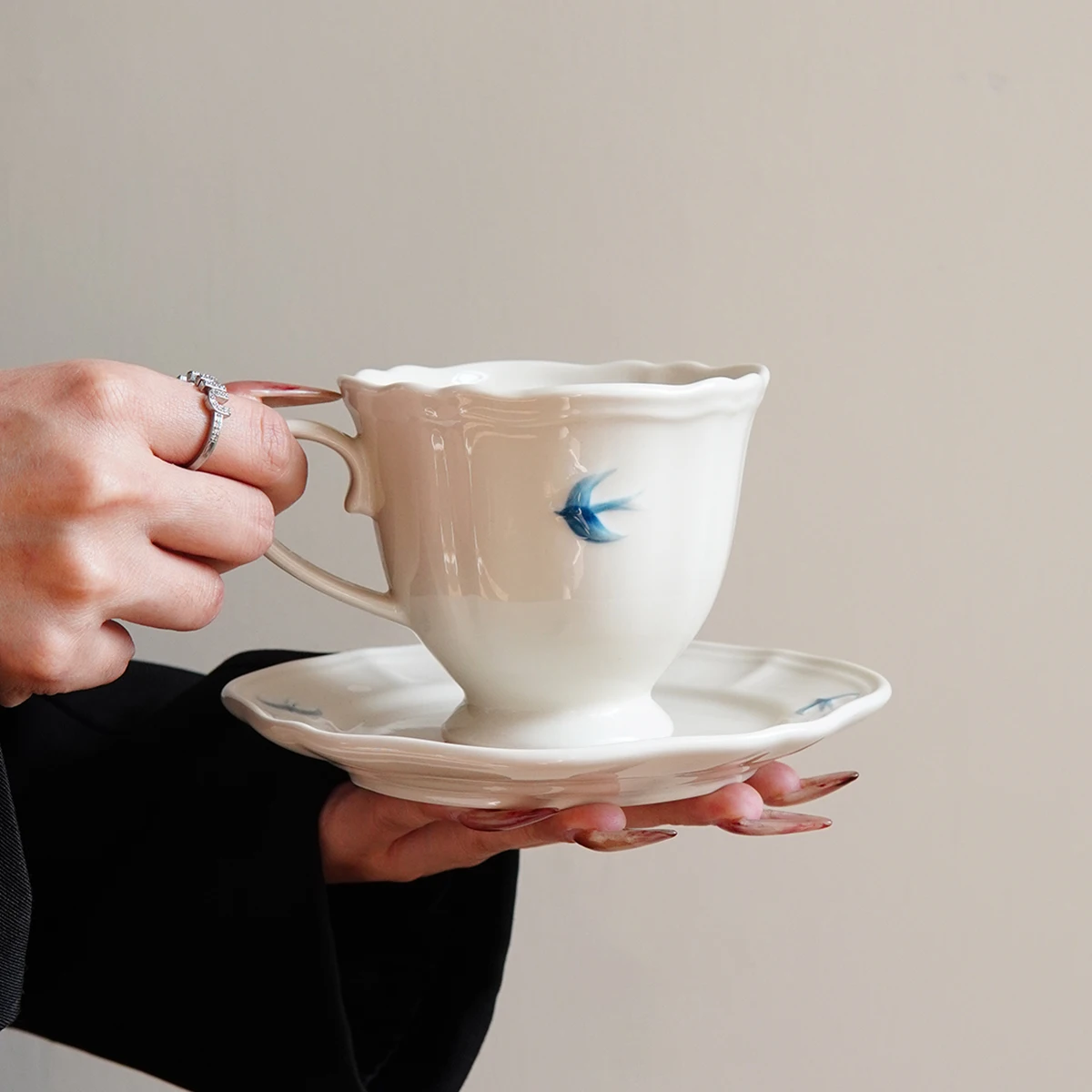 1Pc300Ml Blue Swallow Lace Coffee Cup and Saucer, Simple Embossed  Hand-Painted Bird Cup and Saucer, Dessert Cake Saucer, Suitable for Coffee  Shop Latte Art Cup, Home Decoration Cup and Saucer, ..., image size:1200x1200