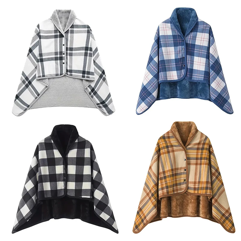 Wearable Plaid Fleece Blanket with Buttons 3
