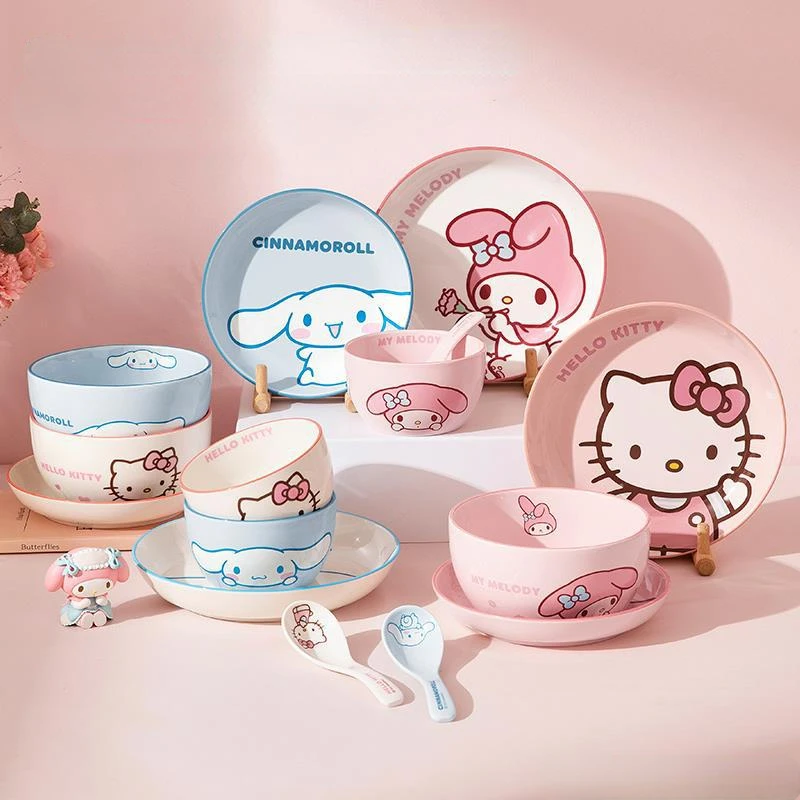 

Kawaii Sanrio Cartoon Hello Kitty Home Dish Plate Cute Cinnamoroll Ceramic High-Looking Children's Baby 5-piece Tableware Set