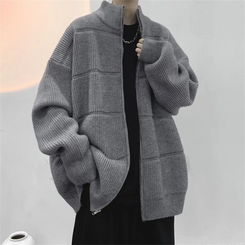 Classic Cardigan Zippered Sweater Men's High Collar Knitted Cardigan Coat with Zipper Closure Thick Warmth for Fall Winter