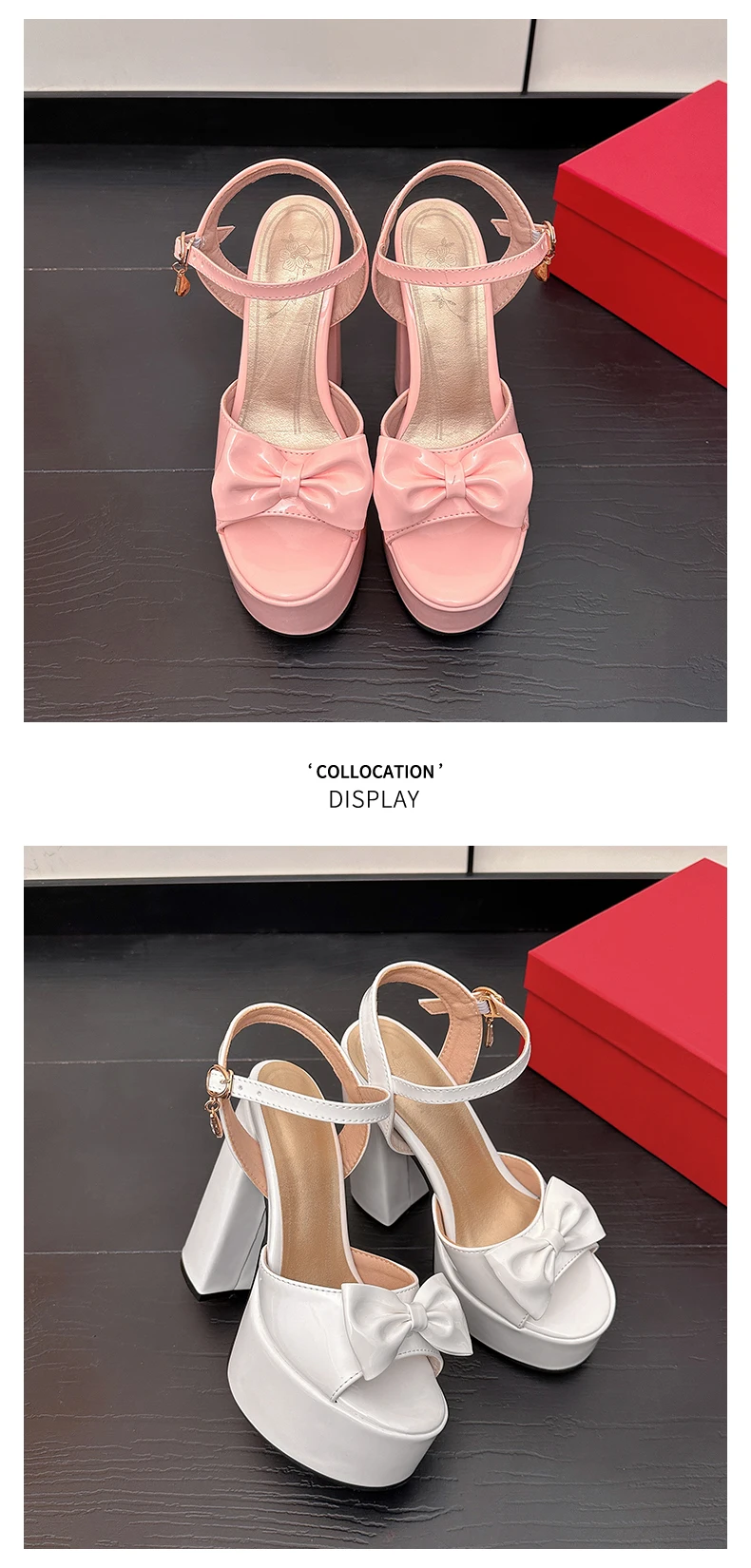 Bright Patent Leather Material, Cute Bow Tie Peep Toe Shoes Super High Thick Heels Hollowed Out Platform Sweet Women's Sandals