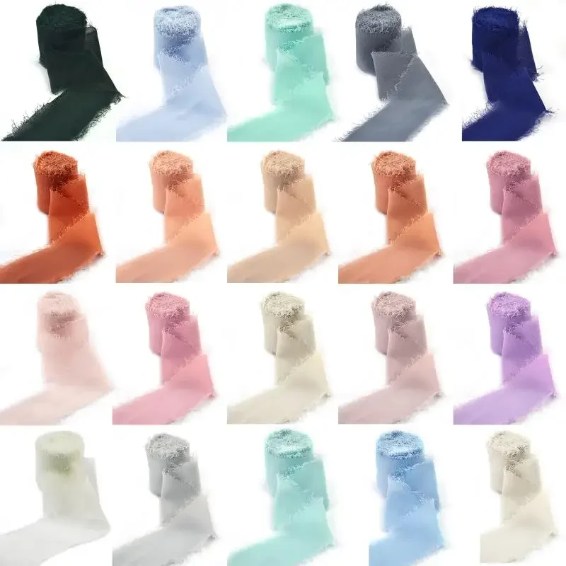 5M * 4cm handgemachte ausgefranste Kanten Satin Chiffon Seidenband für Hochzeitseinladung Verpackung Blumensträuße Geburtstag Party Dekorationen Geschenke – Detail 1