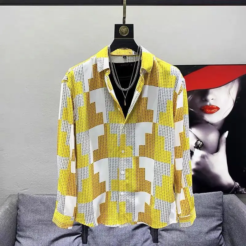 Spring And Summer Brand Design Print Long Sleeve Shirt Male Korean Version Fashion Loose Contrast Color Plaid Shirt Male A3407