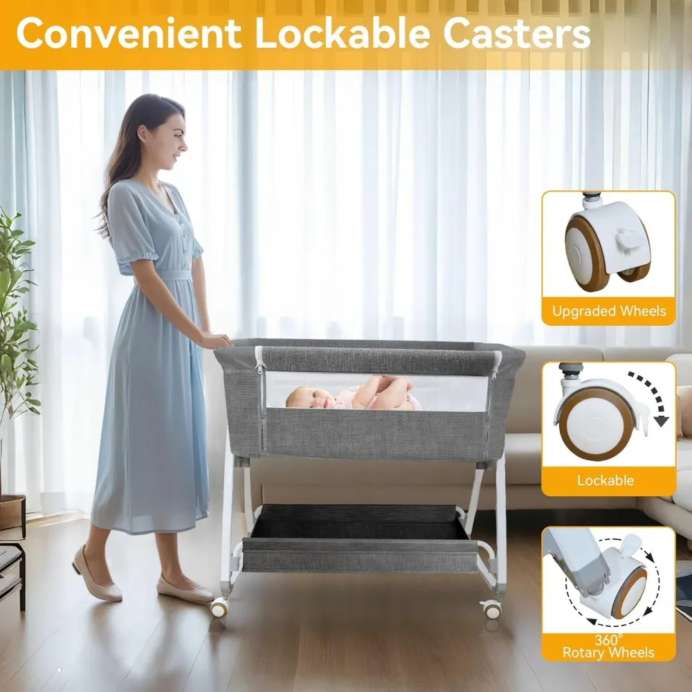 Baby Bassinet 4-in-1 Convertible Bedside Crib, with Mosquito Net & Rocking Mode | 6 Adjustable Heights, Breathable Mesh 4