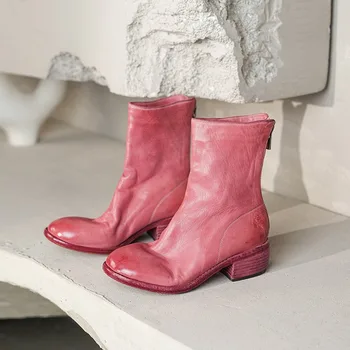 Italian Craft Washed Genuine Leather Pleated Mid-Calf Boots Women Shoes High Top Back Zip Handmade Fashion Chelaea Boots Female