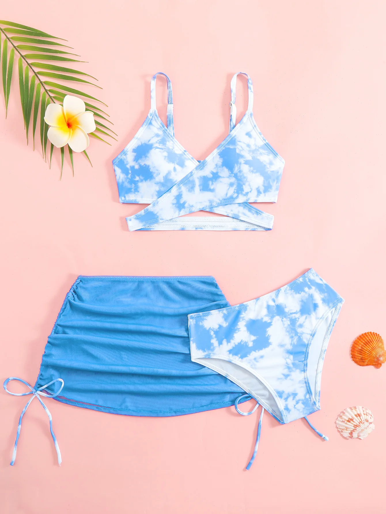 3pcs Swimming Suit for Girls Summer Beach Dress Swimsuit Tie-dye Printed Skirted Bikini Set Kids Bathing Suit