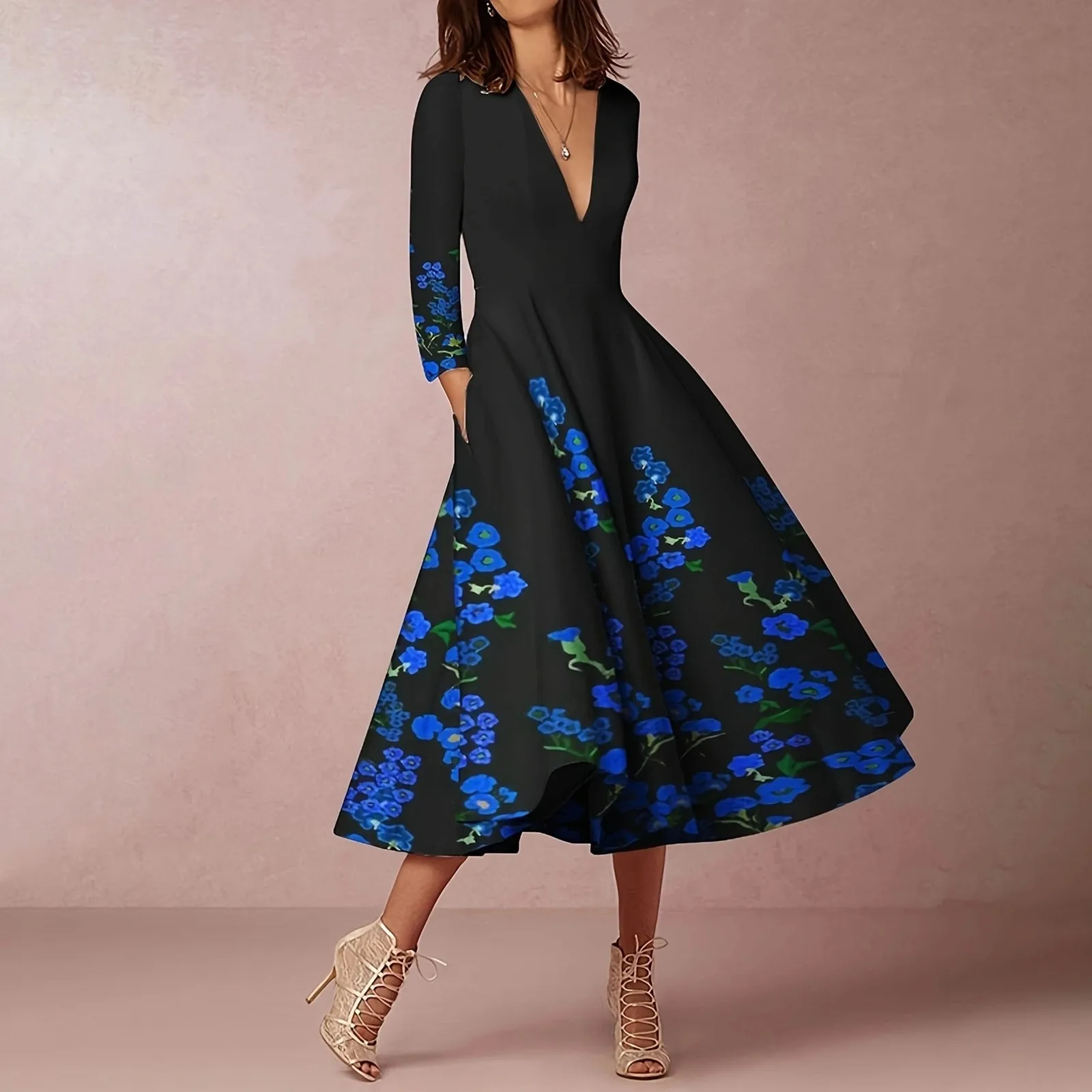 

Ladies Elegant Printed A Line V Neck Long Sleeved Large Hem Dress Pregnancy Dresses for Women