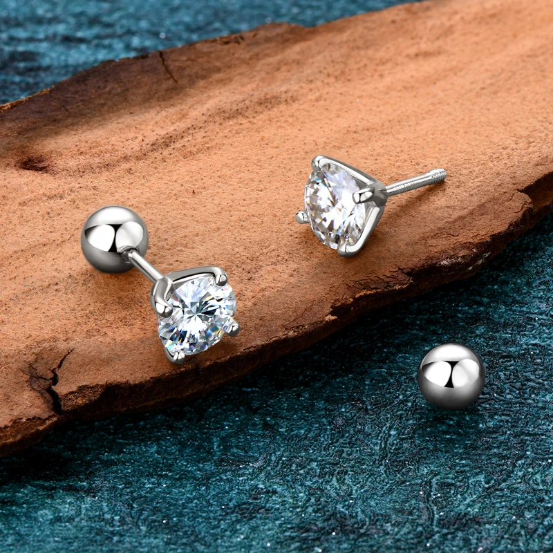 Moissanite stud earrings in 925 sterling silver with screw-back design for men and women