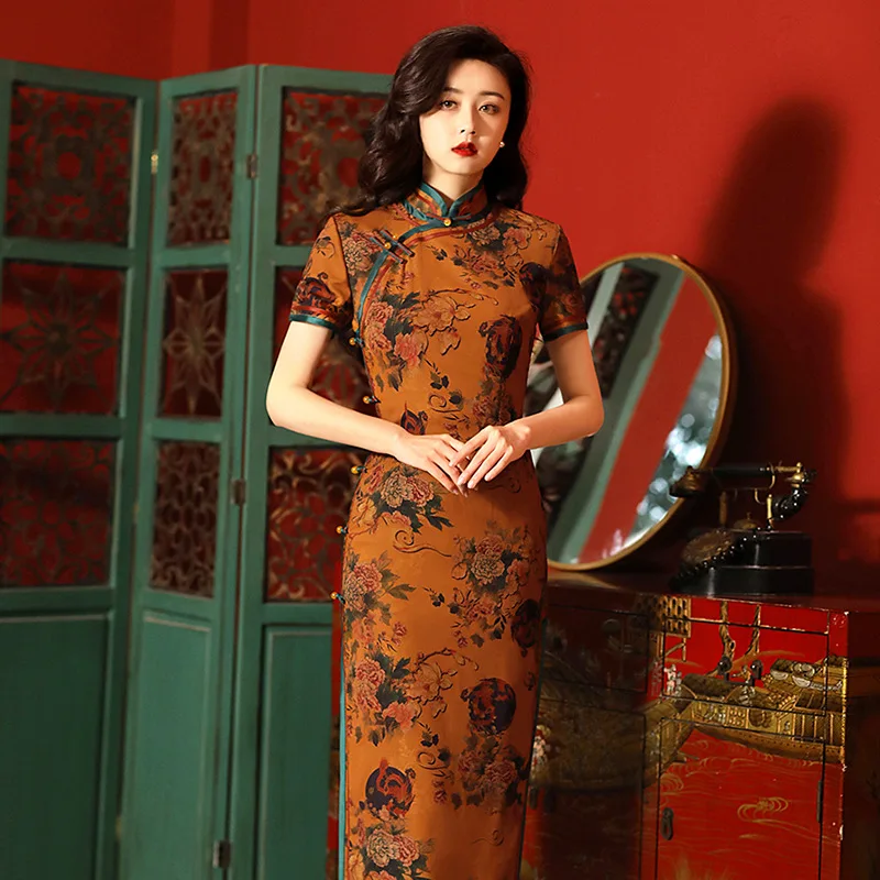 

High-End Summer Lady Hualuo Improved Cheongsam Elegant Long Catwalk Qipao Chinese Traditional Style Evening Dress for Women