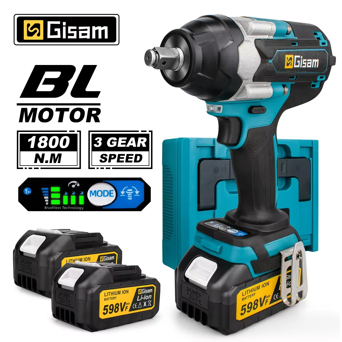 Gasam 1800N.M عزم الدوران فرش مفتاح ربط كهربائي 1/2 بوصة مفتاح ربط لاسلكي مفك أدوات كهربائية لبطارية ماكيتا 18 فولت