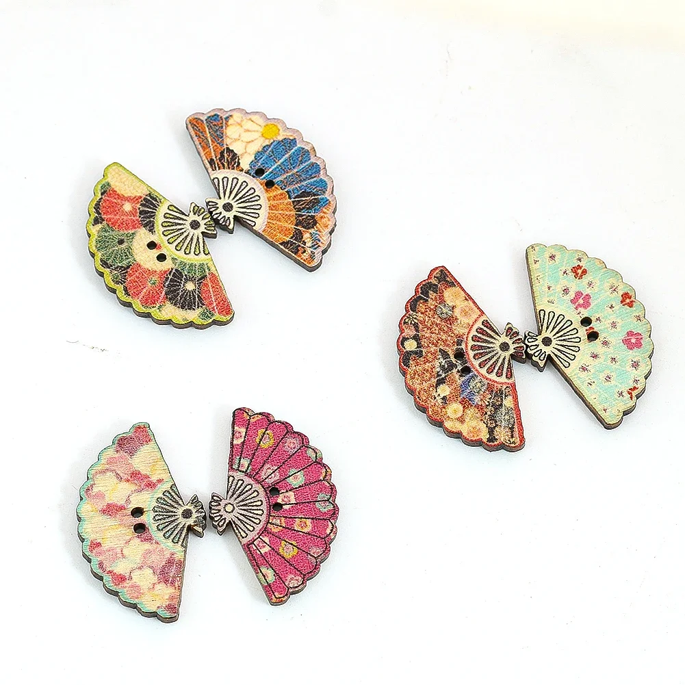 

10PCS 30mm Wooden Buttons Mixed Pack 2 Holes Ancient Style Scallop Colorful Printing Handmade Sewing Accessories Garment Decora