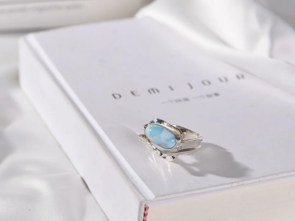 925 Sterling Silver Natural Larimar Irregular Open Big Rings