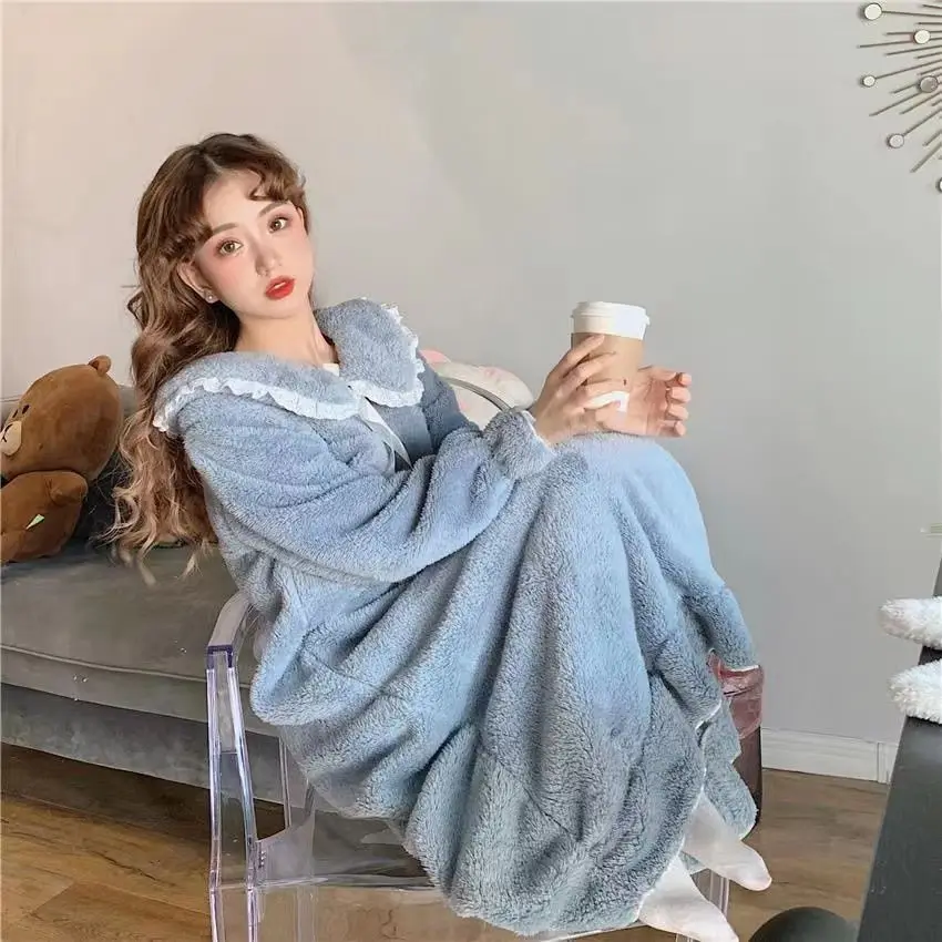 

Autumn and Winter Thickened Coral Velvet Sleeping Skirt Long Knee Over Princess Style New Flannel Nightwear Home Fury for Women