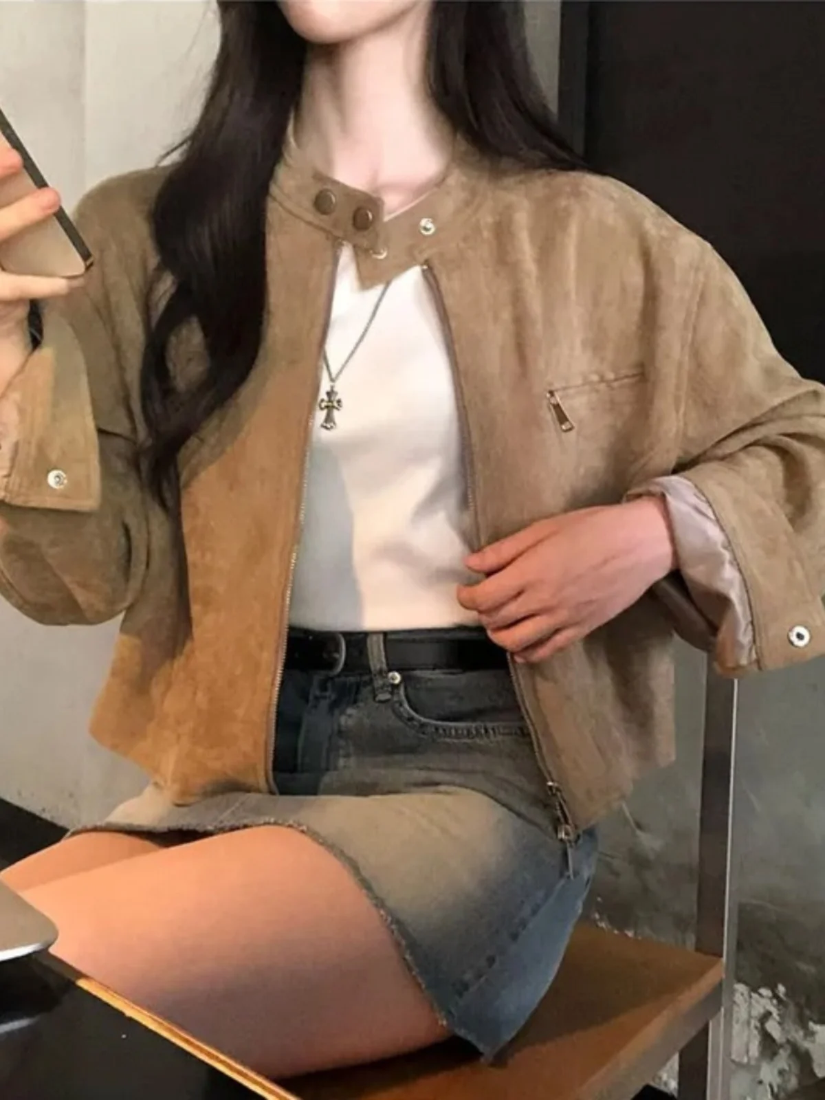 Women's Short Biker Jacket Outerwear Winter 2024 New Retro High-End Zipper Long Sleeve Top Comfortable Fit Fashionable Design