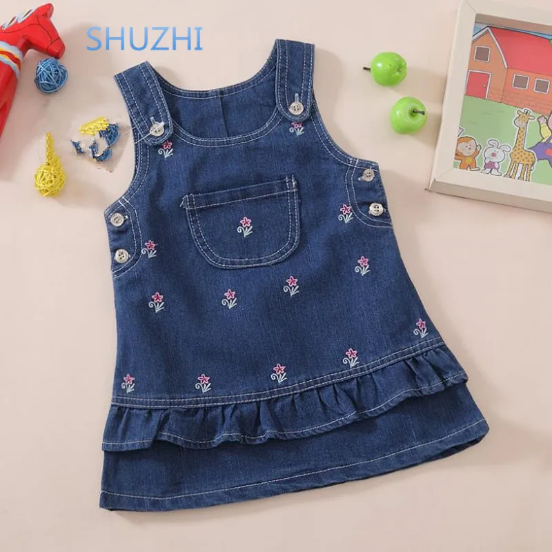 Cute Girls Flower Dress Baby Girls Jeans Dress Sleeveless Kids Denim Dresses for Girls Toddler Suspender Skirt 1-6y