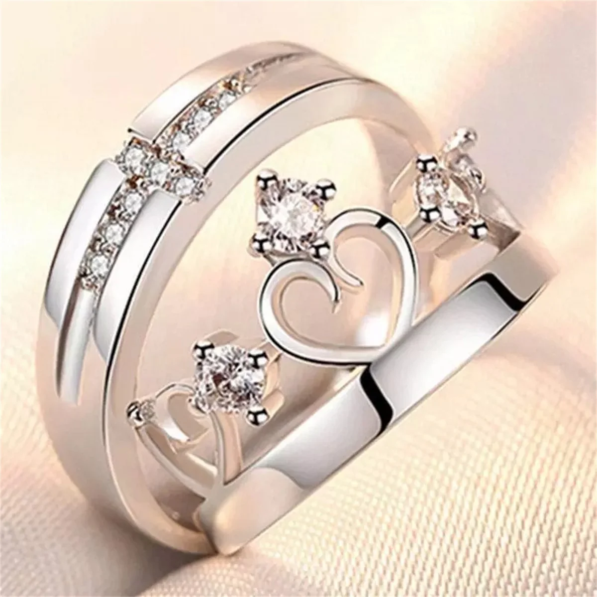 Zircon Rings Cross Rings Wedding Rings Couple Rings Finger Rings 2Pcs Silver Zircon Crown Cross Couple Rings