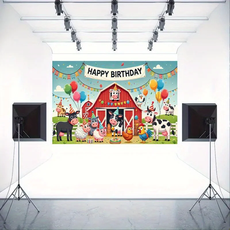 1 Stück Bauernhoftier-Geburtstagsparty-Hintergrund – lebendiger Polyester-Hintergrund, Scheune, Kühe, Hühner und Luftballons, Kuhschmuck – Detail 5