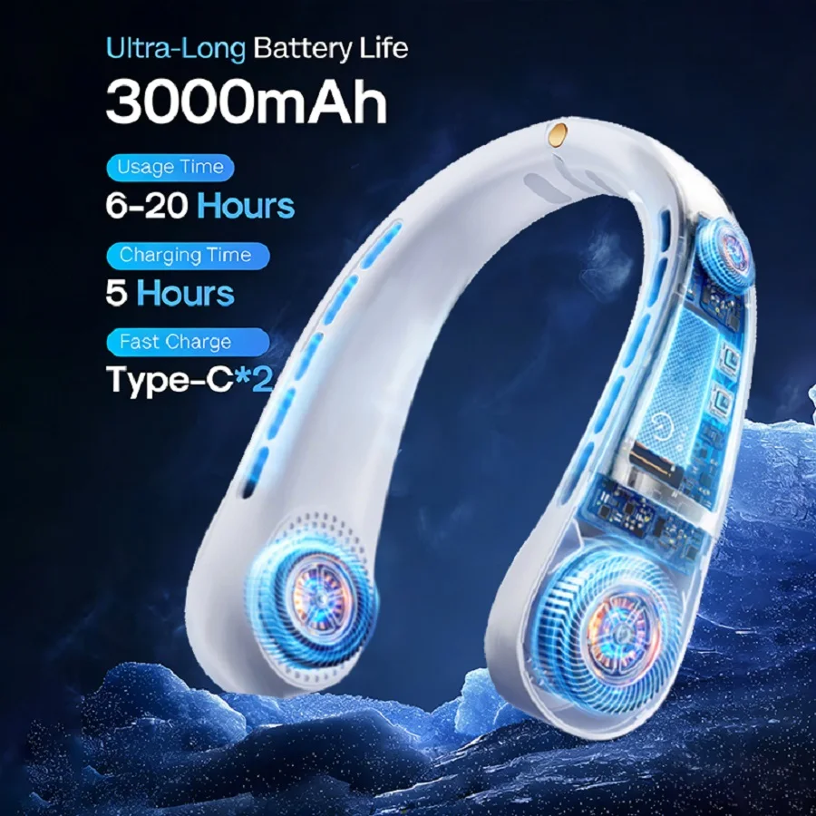 Portable Neck Fan, Hands Free Bladeless Fan, 5 Speeds, 3000 mAh Battery Operated Wearable Personal Fan, Twistable, Rechargeable