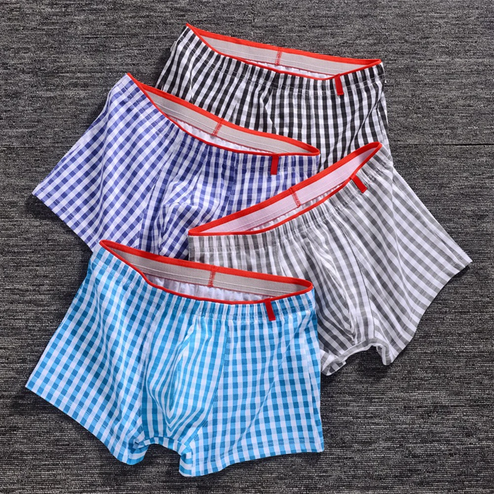 

Mens Swimwear Beachwear Breathable Comfy Cotton Boxer Briefs Home Shorts Grid Youth Underpants Underwear Elasticity Slips