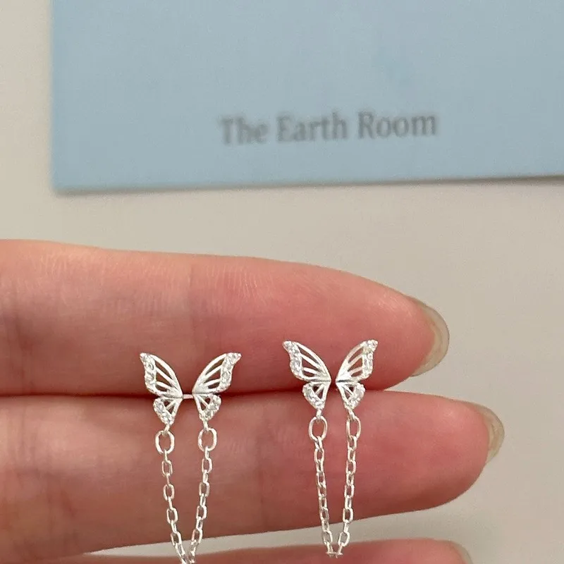 Tiny Sweet Tassel Butterfly Stud Earrings for Women Simple Korean Double Ear Hole Tassel Chain Earring Party Jewelry