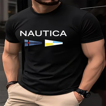 T-shirt da uomo Nautica con grafica bandiera a ventaglio, classica nautica, a maniche corte, casual, in cotone, streetwear, top basic estivo