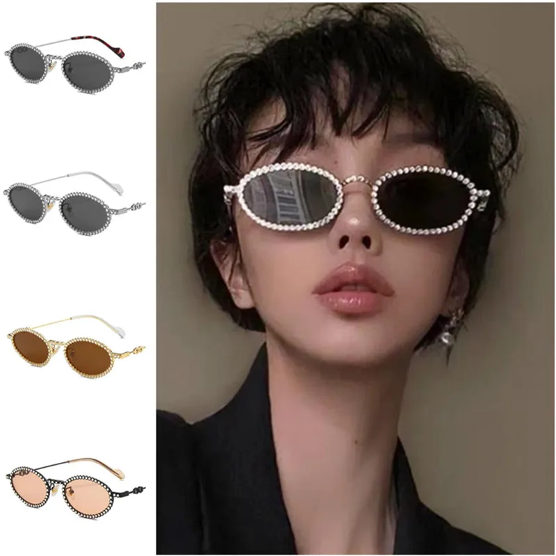 

Hip Hop Sunglasses Women Oval Sun Glasses Diamond Rimmed Adumbral Anti-UV Spectacles Temperament Eyeglasses Ornamental