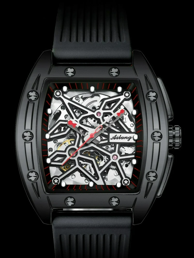 AILANG Herren Automatik-Mechanische Uhr - Tonneau Skelett-Zifferblatt 3ATM Wasserdicht Herrenuhr Leuchtende Gummiarmband Armbanduhr – Detail 13