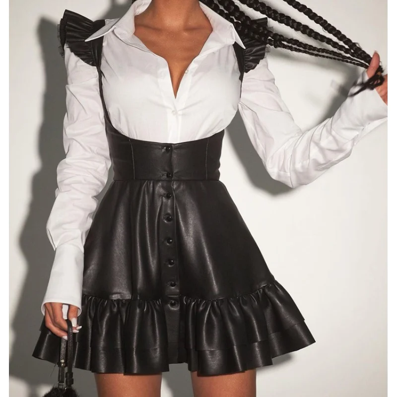 Women's Autumn New Black and White Contrast Color College Style Suit Long Sleeve Shirt Suspender Skirt Two-Piece SuitWlj
