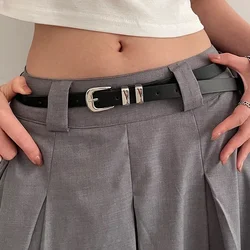 Women's Minimalist Solid Color Belt with Silver - Plated Buckle - 100cm (Black)