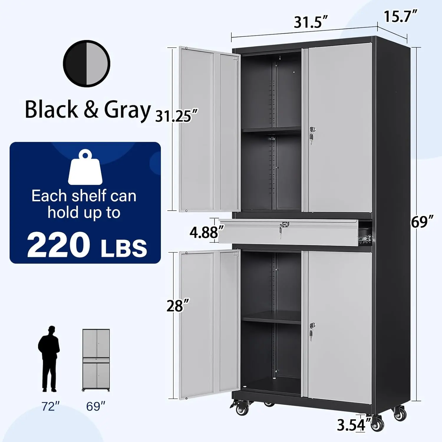 Metal Garage Storage Cabinet with Locking Doors and Adjustable Shelves Rolling Tool Storage Cabinet with 4 Wheels and 1 Drawer