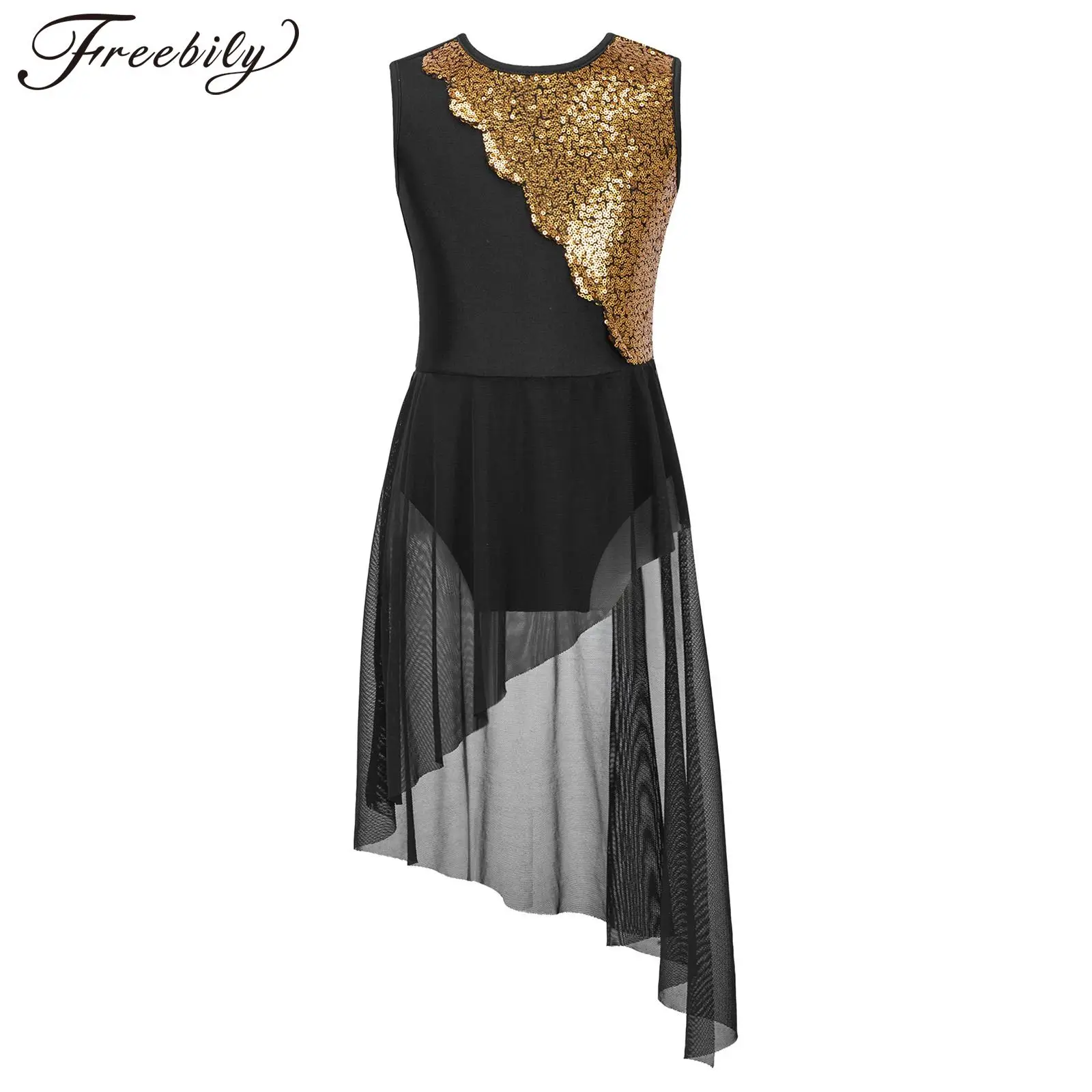 

Kids Girls Ballet Dress Shiny Sequins Lyrical Dance Dress Sleeveless Irregular Hem Hollow Back Stage Performance Dance Dress