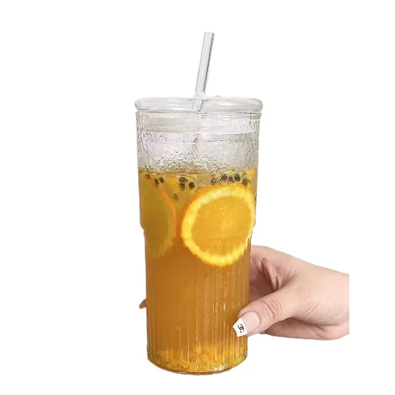 Stripe Glass Cup with Lid and Straw Transparent Drinking Glasses for Juice Iced Coffee Water Cup Outdoor Drinkware Mug