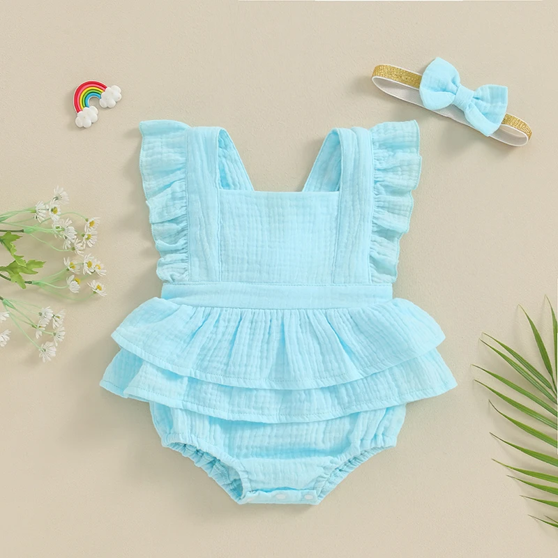 Pudcoco Baby Mädchen Baumwolle Leinen Stram pler Kleid einfarbig quadratischen Hals Fliegen ärmel Rock Saum Säugling Sommerkleid ung Stirnband 0-18m – Detail 1