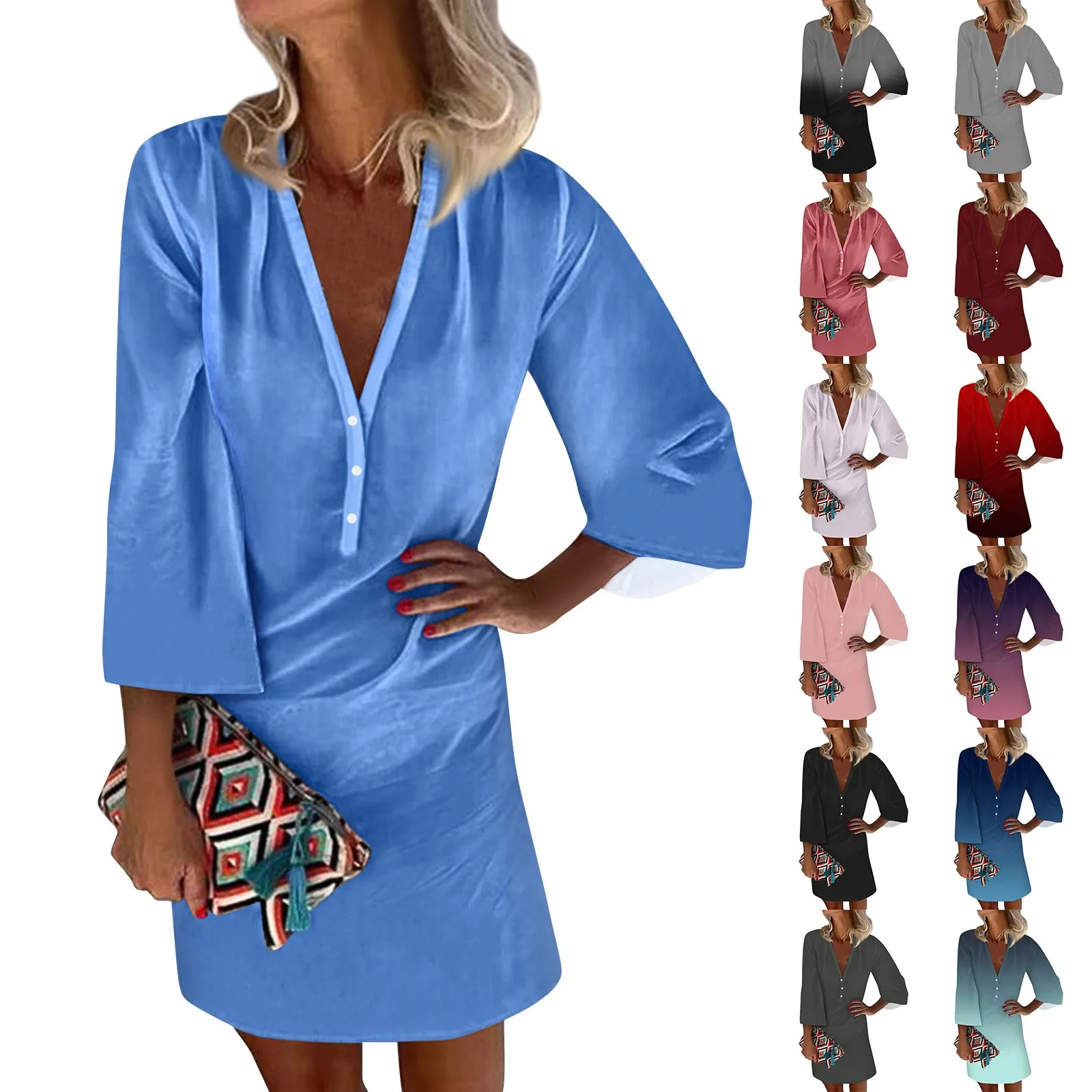 

Fashion Dresses For Women Casual V Neck Three Quarter Sleeved Button Sundress Youthful Elegant Slim-Type Dress vestidos largos