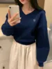 Korean V Neck Atmospheric Loose Sweatshirt for Women Autum Letter Long-Sleeved Pullover Knitwear Lazy High-End Top 1