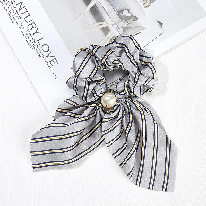 2021 New Chiffon Bowknot Silk Hair Scrunchies Women Pearl Ponytail Holder Hair Tie Hair Rope Rubber Bands Hair Accessories elastic headbands for women Hair Accessories