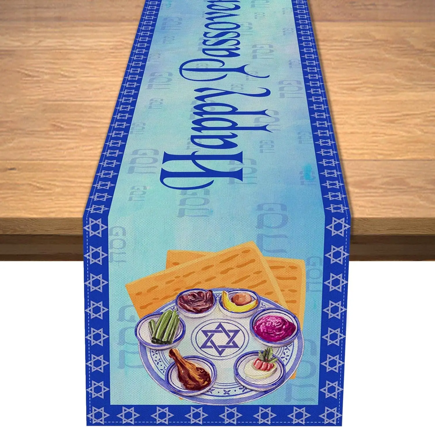 

Happy Passover Linen Table Runner Pesach Star of David Jewish Festival Watercolor Table Holiday Party Dining Room Decorations