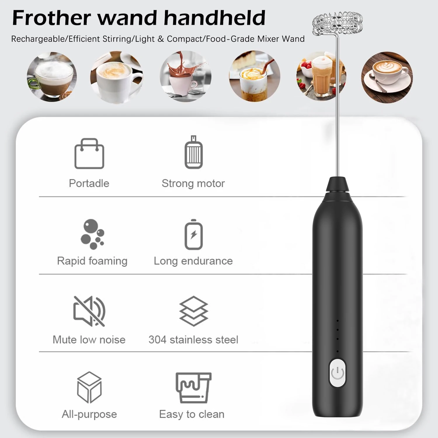 Milk Frother, 3-Speed Electric Frother for Coffee with Whisk and Frother, USB Rechargeable Milk Foamer Maker 5